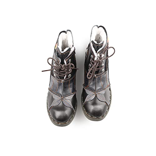 CHSHOER Faux Fur Lining Snow Boots Patchwork Washed Leather Shoes Lace-up Women's Ankle Boots
