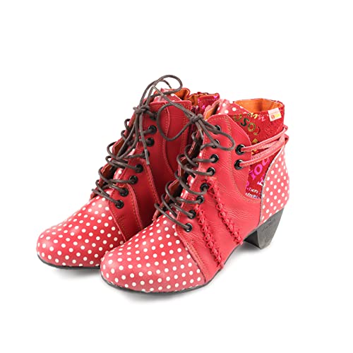 CHSHOER Women's Retro Polka Dot Leather Patchwork Booties Low Heel Lace-up and Zipper Women's Ankle Boots