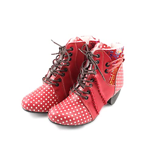 CHSHOER Faux Fur Lining Women's Retro Polka Dot Leather Patchwork Booties Low Heel Lace-up Women's Ankle Snow Boots