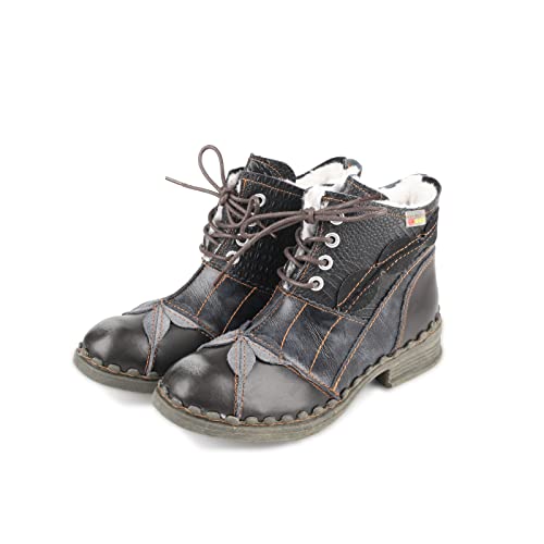 CHSHOER Faux Fur Lining Snow Boots Patchwork Washed Leather Shoes Lace-up Women's Ankle Boots