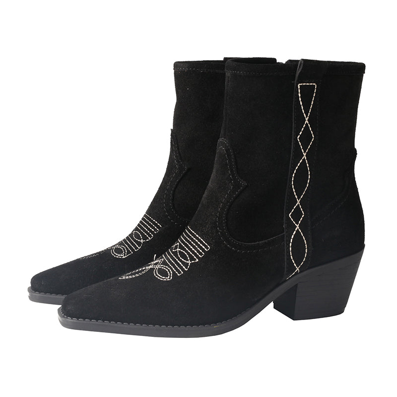 CHSHOER P-toe VFG WC Short Boots (Matte Cowhide, Mongolian Embroidery) - Martin Style Chunky Heel