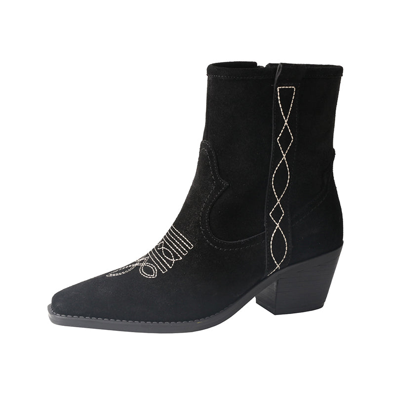 CHSHOER P-toe VFG WC Short Boots (Matte Cowhide, Mongolian Embroidery) - Martin Style Chunky Heel