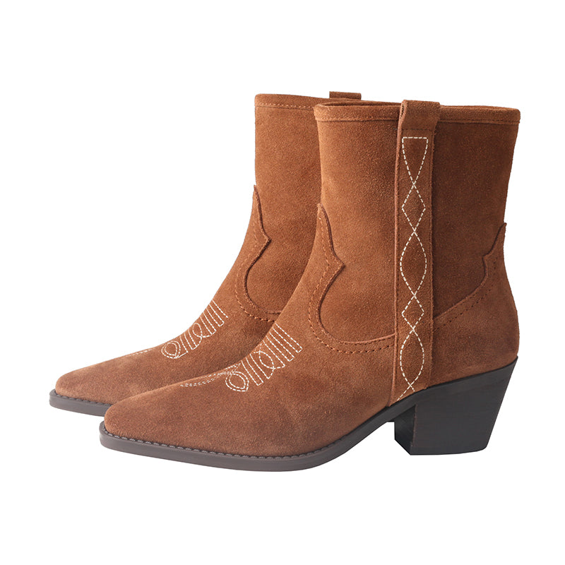 CHSHOER P-toe VFG WC Short Boots (Matte Cowhide, Mongolian Embroidery) - Martin Style Chunky Heel