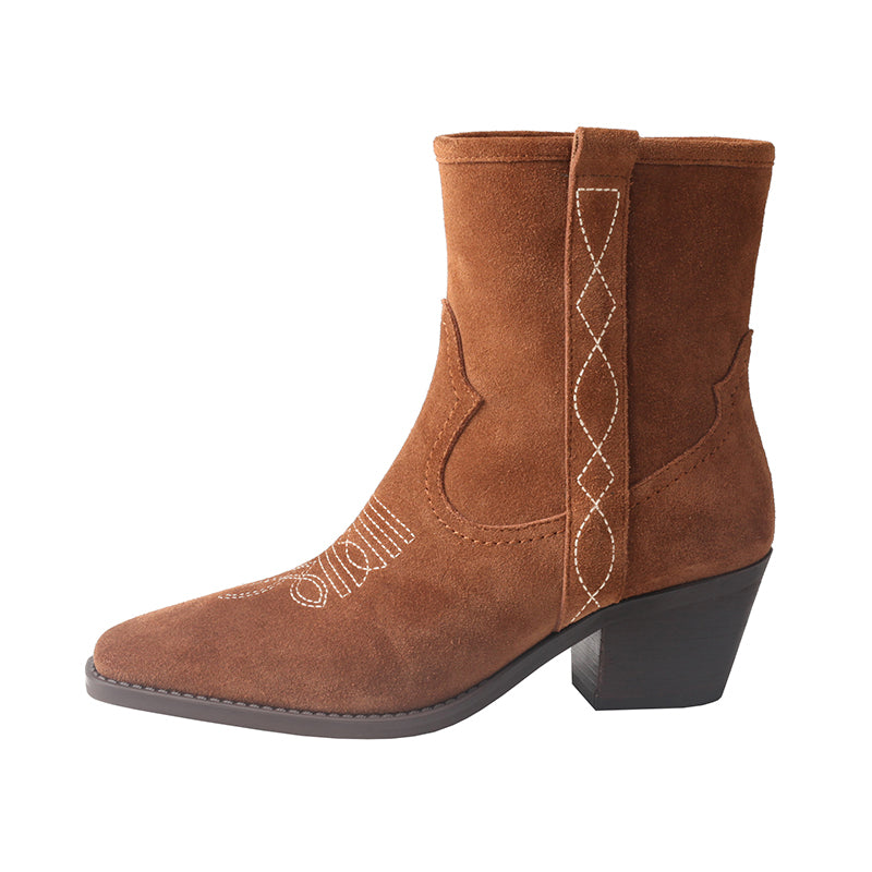 CHSHOER P-toe VFG WC Short Boots (Matte Cowhide, Mongolian Embroidery) - Martin Style Chunky Heel