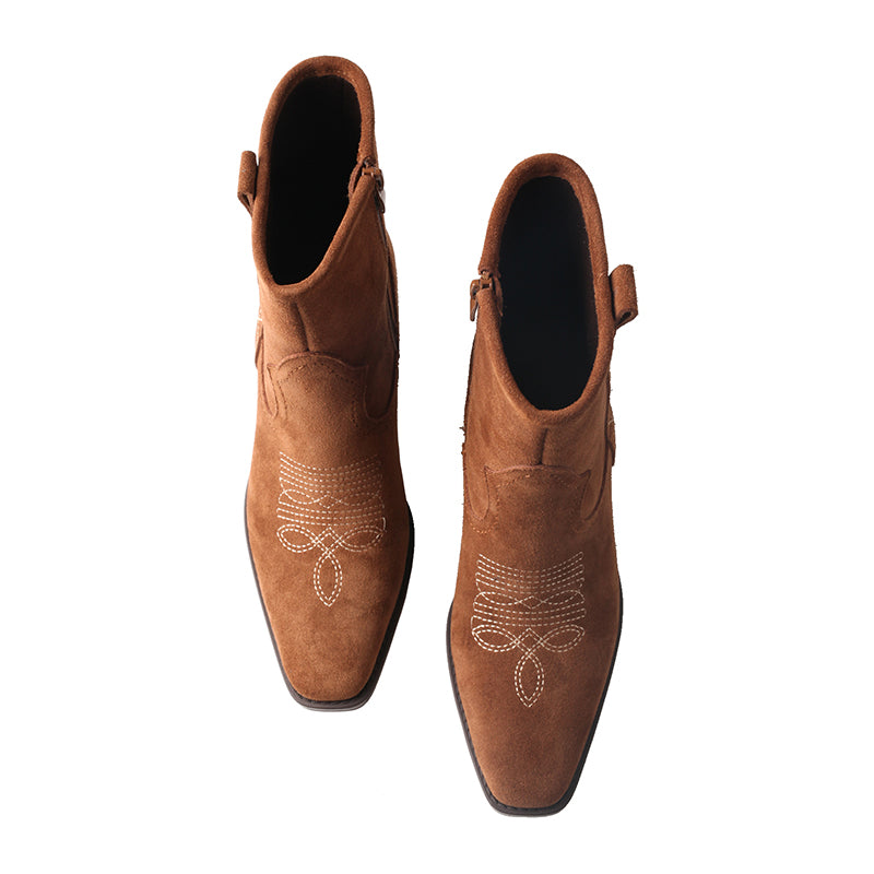 CHSHOER P-toe VFG WC Short Boots (Matte Cowhide, Mongolian Embroidery) - Martin Style Chunky Heel